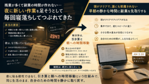 残業続きで夜に副業の時間が作れない会社員が夜に粘るのをやめ睡眠を削らず無駄を引き算して頭がクリアな早朝に副業時間を先取りする時間術を表した図解