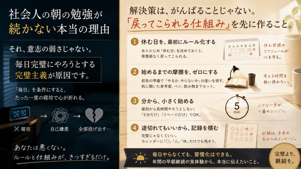 社会人の朝の勉強が続かない本当の理由は完璧主義であり毎日やることをやめ休む日を許し始めるまでの摩擦をゼロにして続く習慣に変える方法を表した図解