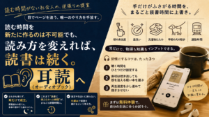 目で読む時間が取れない社会人が朝の支度や早朝の散歩中にオーディオブックを耳で聴く耳読へ切り替え、ながら時間をまるごと読書時間に変えていく習慣を表した図解