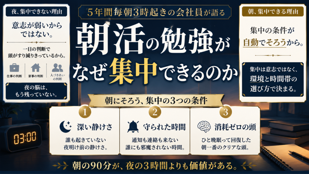 朝活の勉強がなぜ集中できるのかを誰も起きていない静けさ通知の来ない環境判断で消耗していない朝一番の頭という3つの理由で説明した図解画像