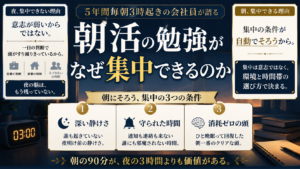 朝活の勉強がなぜ集中できるのかを誰も起きていない静けさ通知の来ない環境判断で消耗していない朝一番の頭という3つの理由で説明した図解画像