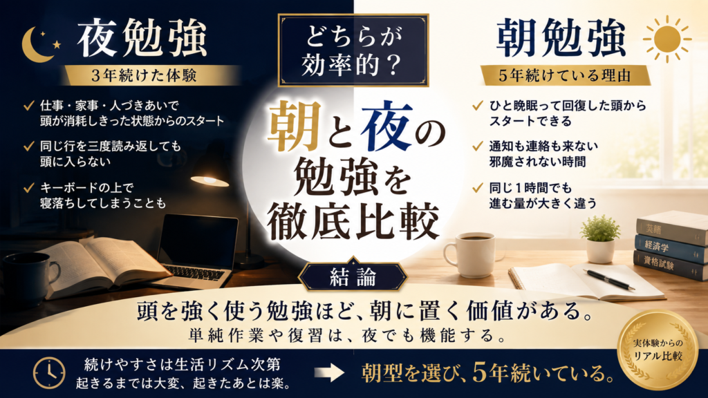 朝勉強と夜勉強のどちらが効率的かを進み方続けやすさ生活への影響という3つの軸で比較し5年の実体験から結論を示した図解画像