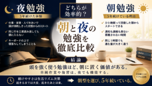 朝勉強と夜勉強のどちらが効率的かを進み方続けやすさ生活への影響という3つの軸で比較し5年の実体験から結論を示した図解画像