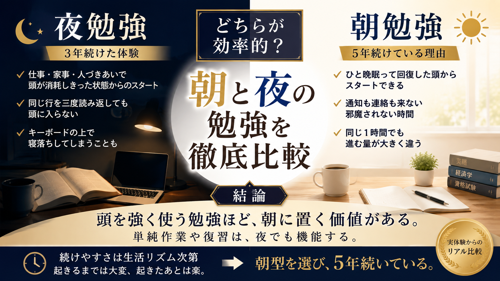 朝勉強と夜勉強のどちらが効率的かを進み方続けやすさ生活への影響という3つの軸で比較し5年の実体験から結論を示した図解画像