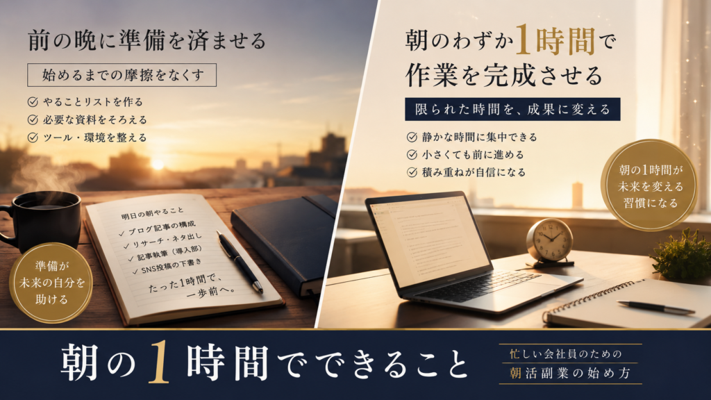 朝の1時間で副業に取り組む会社員が始めるまでの摩擦をゼロにしてツールに任せる部分を任せることで下書きを完成させるまでの手順を表した図解