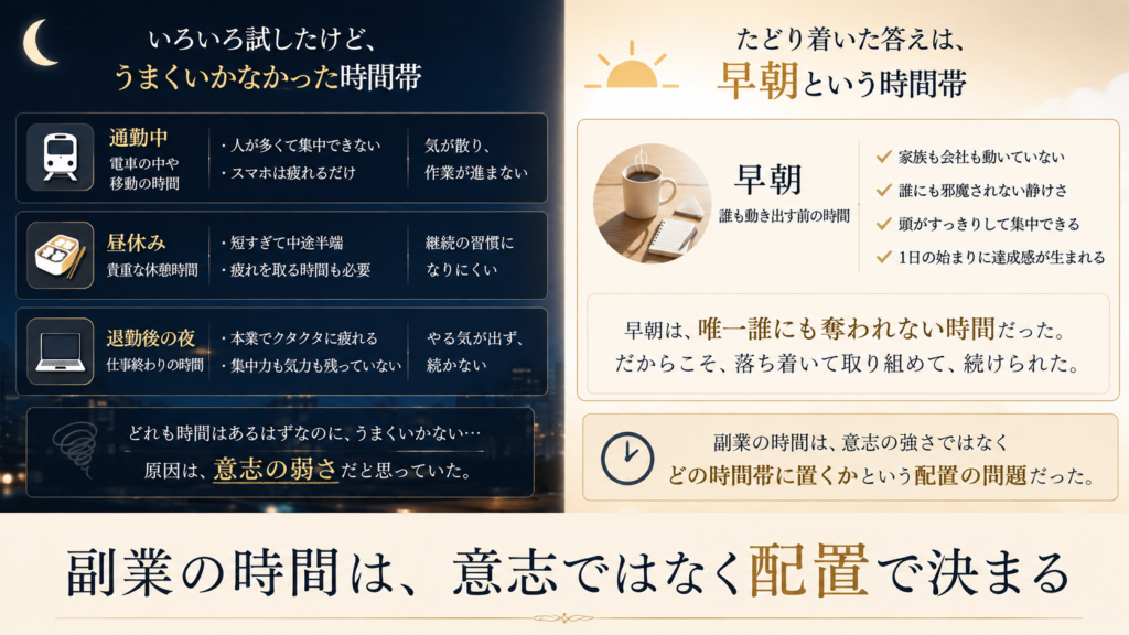 会社員が副業の時間を通勤中や昼休みや退勤後の夜や早朝のどこに配置するかを比較し朝の時間が最も現実的である理由を示した図解