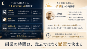 会社員が副業の時間を通勤中や昼休みや退勤後の夜や早朝のどこに配置するかを比較し朝の時間が最も現実的である理由を示した図解