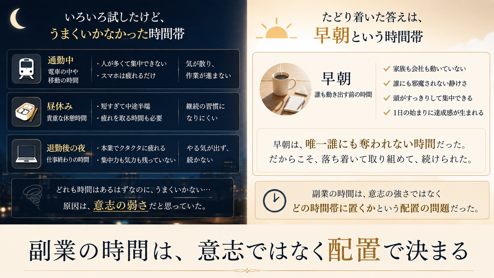 会社員が副業の時間を通勤中や昼休みや退勤後の夜や早朝のどこに配置するかを比較し朝の時間が最も現実的である理由を示した図解