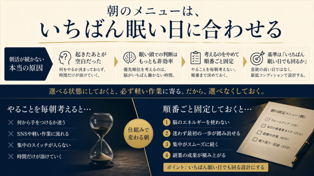 朝活で副業をする会社員が毎朝何をやるか迷わないよう順番を固定した5つの手順と、メニューを決める3つの基準を表した図解