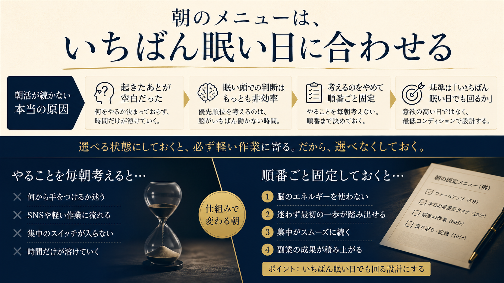 朝活で副業をする会社員が毎朝何をやるか迷わないよう順番を固定した5つの手順と、メニューを決める3つの基準を表した図解