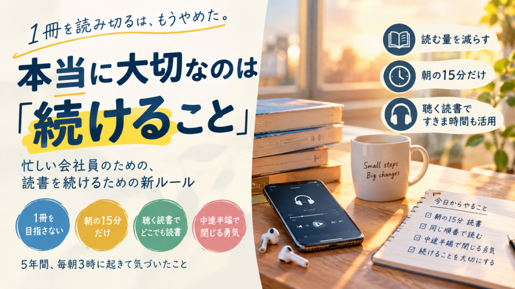 読書の時間がない会社員が朝の15分だけと決めることで挫折せずに続けられるようになる条件を表した図解画像