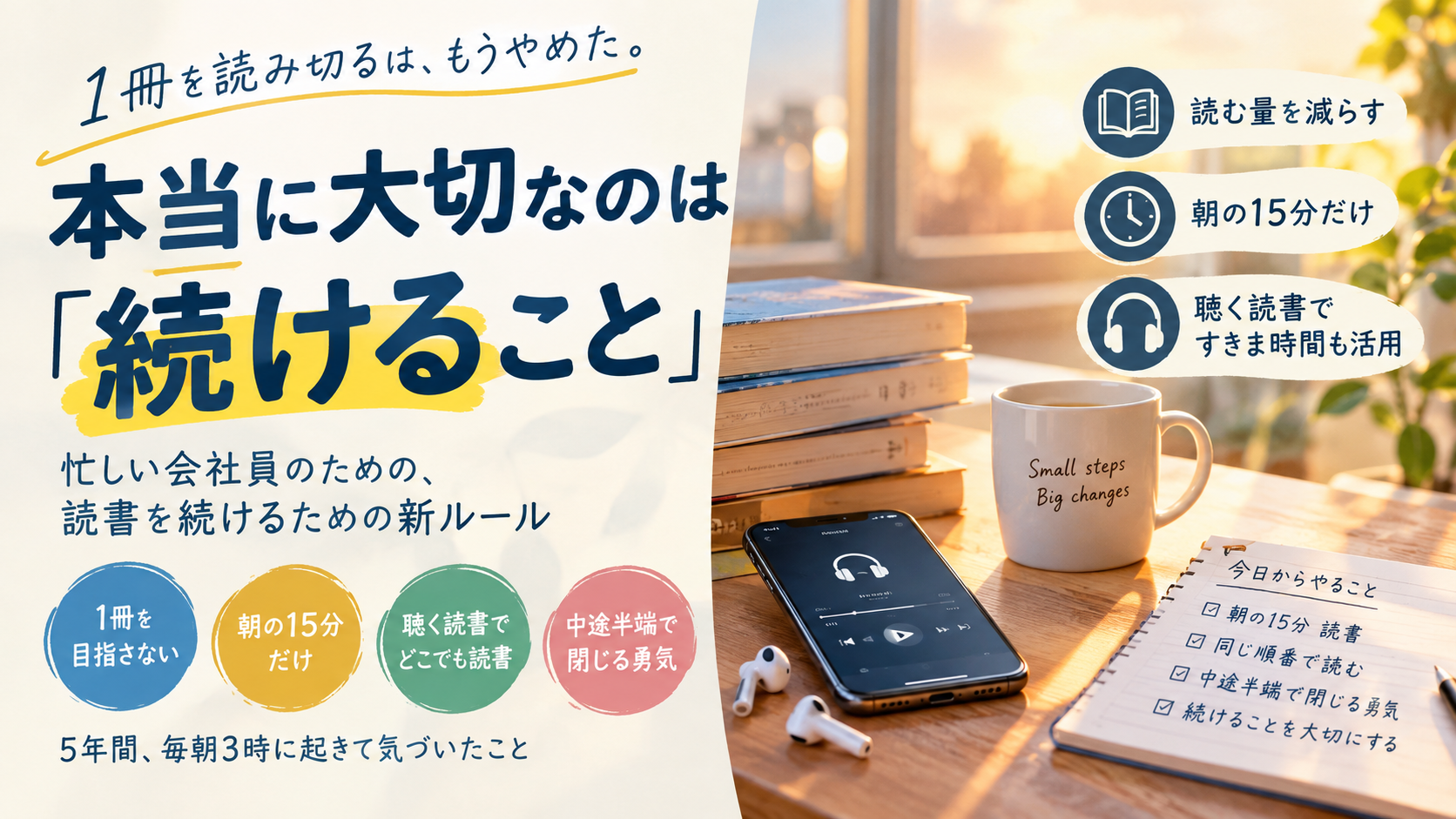 読書の時間がない会社員が朝の15分だけと決めることで挫折せずに続けられるようになる条件を表した図解画像