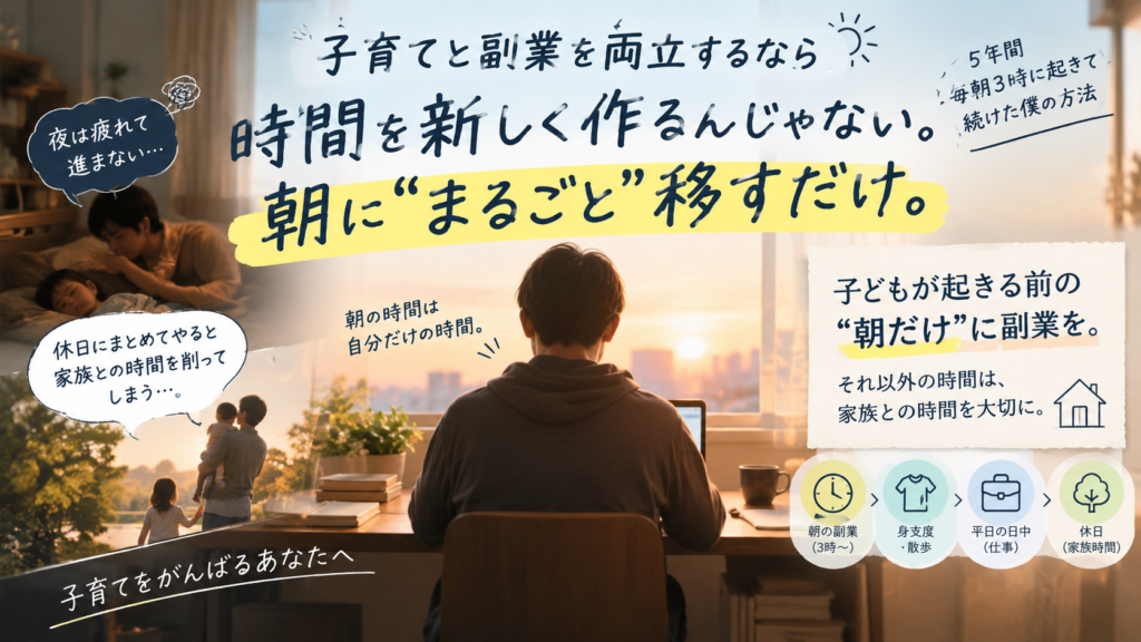 子育て中で副業の時間がない会社員が夜でも休日でもなく家族が起きる前の朝に副業時間を置くことで子育てを圧迫せずに両立する1日のスケジュールを表した図解