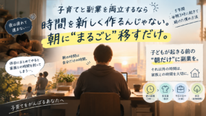 子育て中で副業の時間がない会社員が夜でも休日でもなく家族が起きる前の朝に副業時間を置くことで子育てを圧迫せずに両立する1日のスケジュールを表した図解