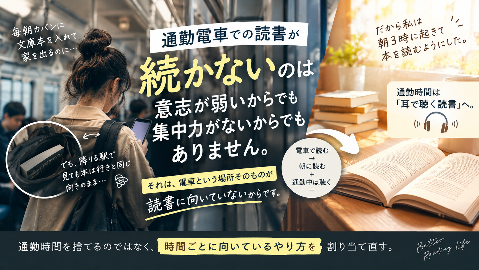 通勤電車で本を読もうとして続かない会社員が、読む場所を朝へ移し通勤時間を耳の読書に切り替えることで読書量を確保する対策を表した図解画像