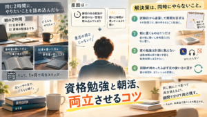 資格勉強と朝活の両立に悩む会社員が、試験日から逆算して朝の枠を期間限定で勉強へ明け渡し、試験後にもとの習慣へ戻す流れを表した図解画像