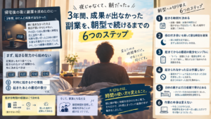 帰宅後の夜に副業が進まなかった会社員が、起きる時刻の決め方と起きたあとの工程を減らす順番で朝型に切り替える方法を表した図解