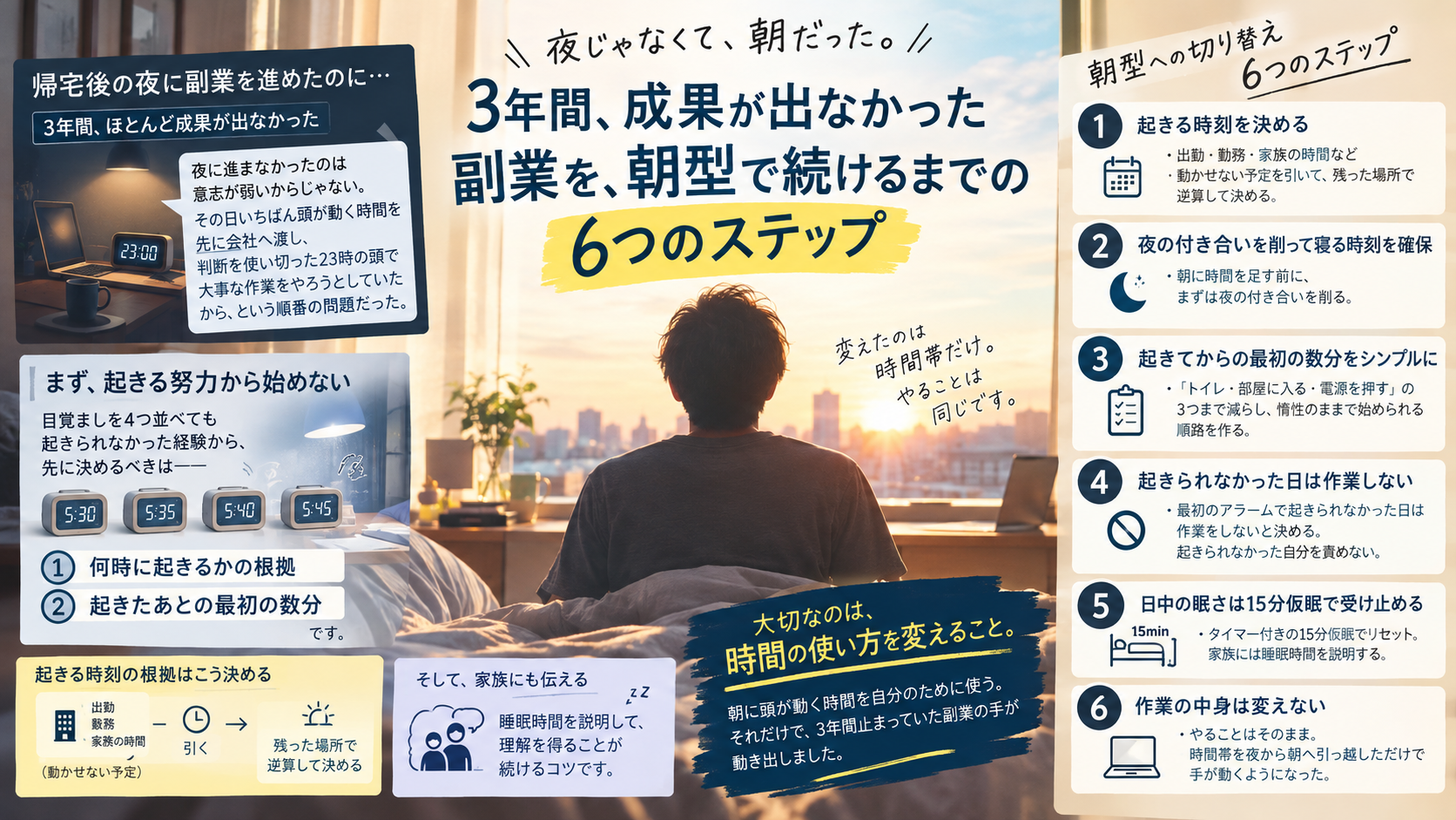 帰宅後の夜に副業が進まなかった会社員が、起きる時刻の決め方と起きたあとの工程を減らす順番で朝型に切り替える方法を表した図解