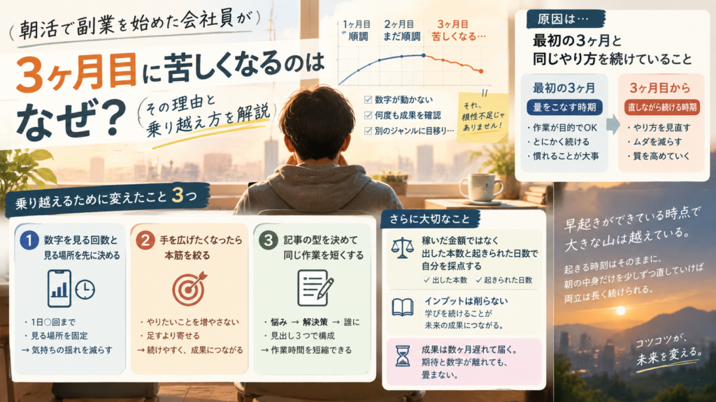 朝活で副業を始めた会社員が、3ヶ月目に来る作業の目的化と手の広げすぎを、数字を見る回数の制限・ジャンルの絞り込み・作業の型づくりで乗り越えて両立する方法を表した図解
