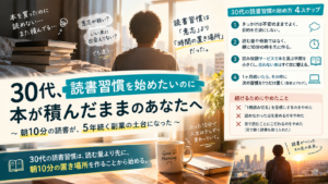 読書習慣がなかった30代の会社員が、朝30分早く起きて10分だけ本を読む枠を作り、読み放題で本選びの手間を減らし、1ヶ月後にその時間へ次の習慣を置いていく読書習慣の始め方を表した図解