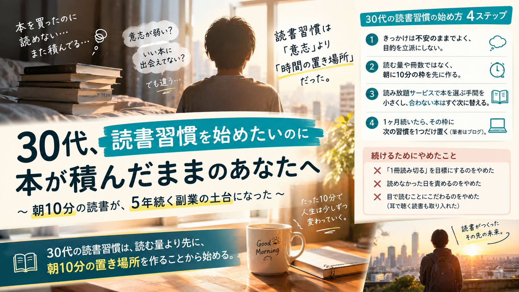 読書習慣がなかった30代の会社員が、朝30分早く起きて10分だけ本を読む枠を作り、読み放題で本選びの手間を減らし、1ヶ月後にその時間へ次の習慣を置いていく読書習慣の始め方を表した図解