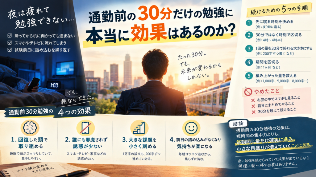 会社員が夜の勉強をやめて出社前の朝30分に勉強の枠を移し、1万字の課題を毎朝200字ずつ積み上げていく、通勤前30分勉強の効果と手順を表した図解