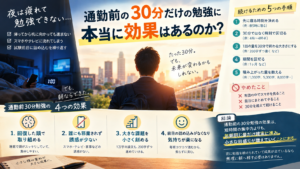 会社員が夜の勉強をやめて出社前の朝30分に勉強の枠を移し、1万字の課題を毎朝200字ずつ積み上げていく、通勤前30分勉強の効果と手順を表した図解