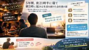 会社員が夜21時半に寝る生活を続けるためにテレビとスマホと前日の詰め込みをやめた結果、飲み会に誘われなくなっていく過程を表した図解