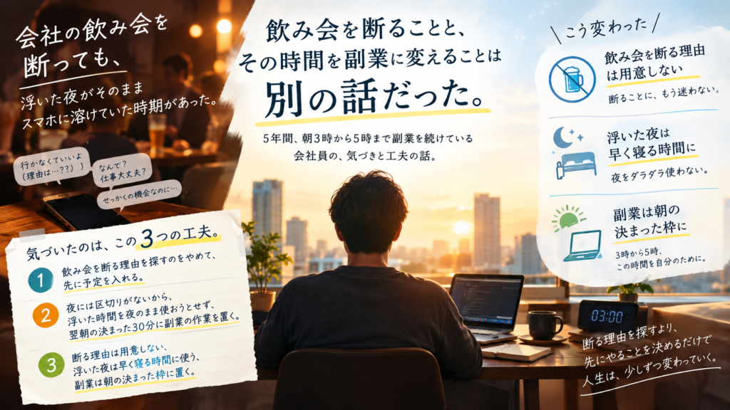 会社の飲み会を断って浮いた夜の時間を、そのまま消費せずに副業の時間へ変えるための考え方と手順を表した図解