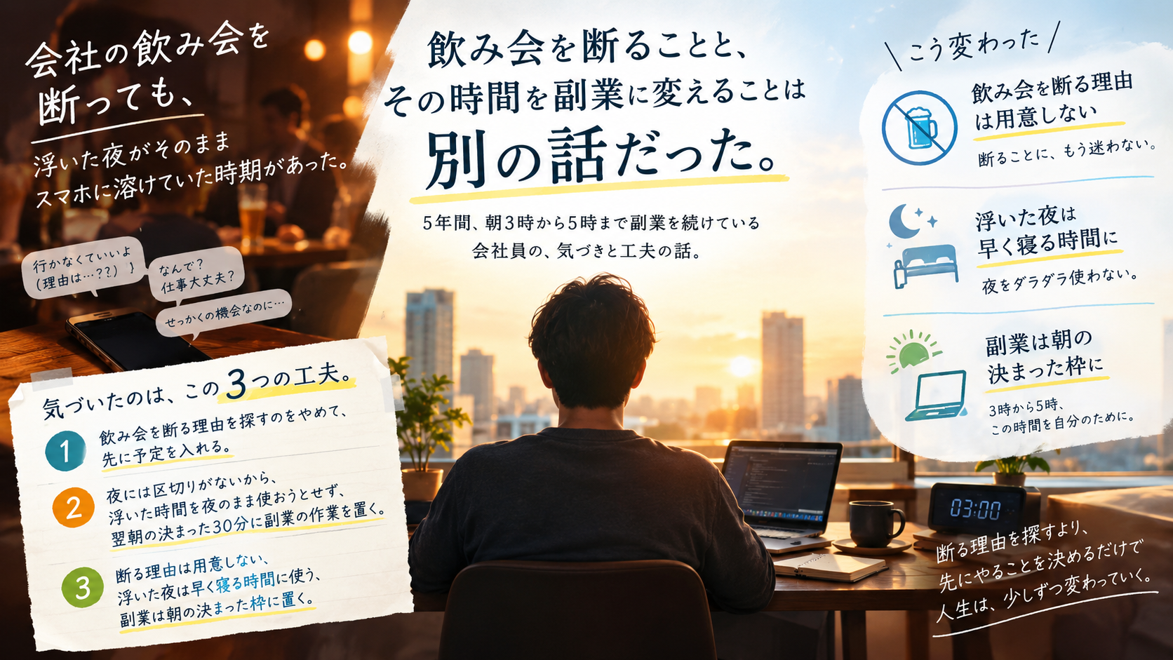 会社の飲み会を断って浮いた夜の時間を、そのまま消費せずに副業の時間へ変えるための考え方と手順を表した図解
