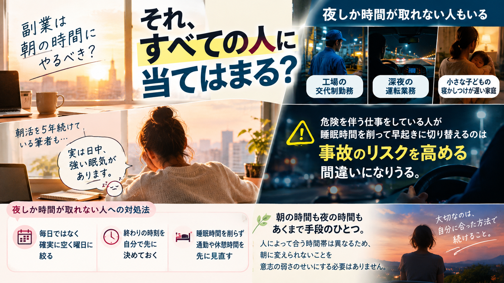 副業を夜にしかできない人が朝活へ無理に切り替えなくてもいいことと、危険な仕事や生活リズムに合わせて選ぶべき理由を表した図解