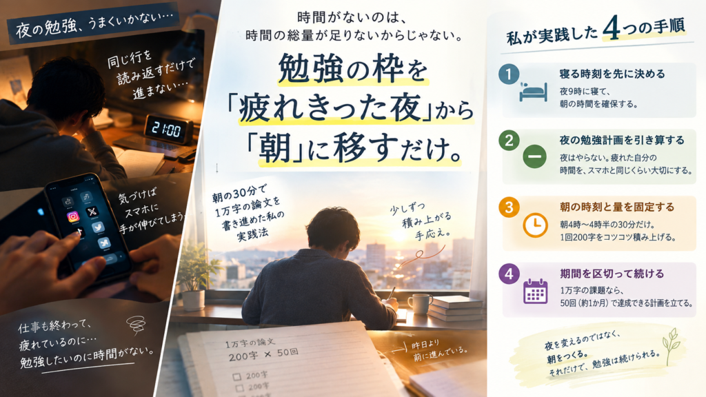 勉強の時間がない社会人が、夜に勉強の枠を探すのをやめて、寝る時刻を先に決め、朝の決まった時間に小さな量を置く4つの手順を表した図解