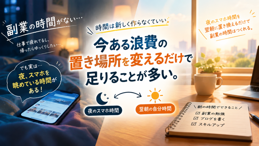 「時間がない」と感じる会社員が、夜のスマホ時間を朝の副業時間に置き換えるイメージ