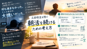 朝活で勉強を続けている会社員が、空振りの日があっても崩れずに続けている様子