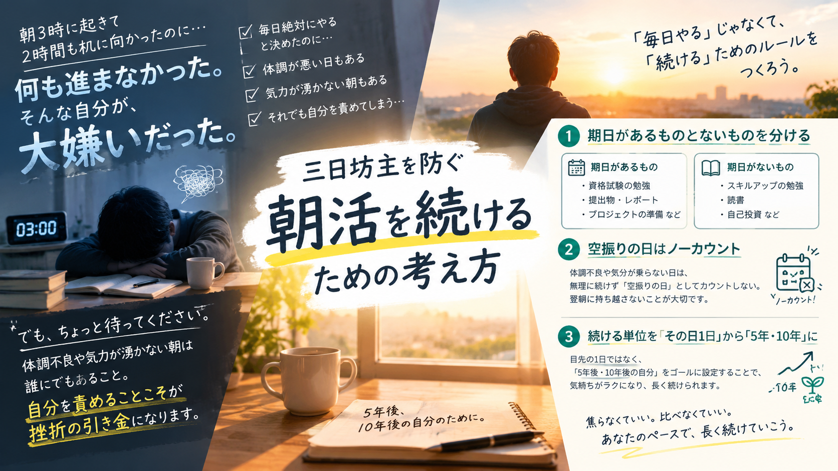朝活で勉強を続けている会社員が、空振りの日があっても崩れずに続けている様子