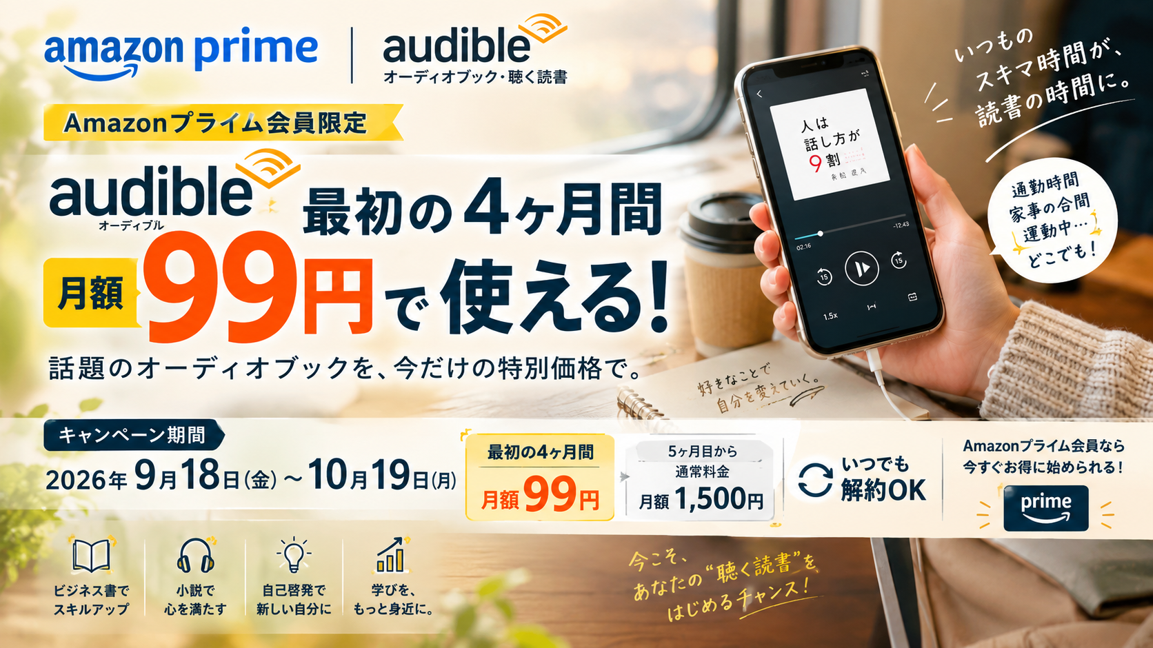 Amazonプライム会員限定でAudibleが最初の4ヶ月間月額99円になるキャンペーンの期間と料金を表した図解