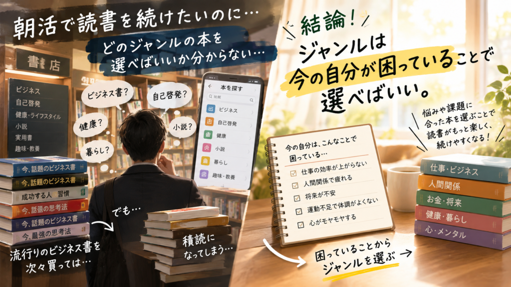 朝活で読む本のジャンルを、流行りや他人のおすすめではなく今の自分の壁で選ぶという基準を表した図解