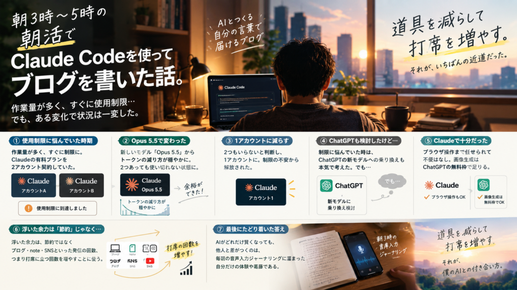 Claudeの有料プランを2アカウントから1つに減らし、浮いた余力をブログやSNSの発信回数に回すという考え方を表した図解