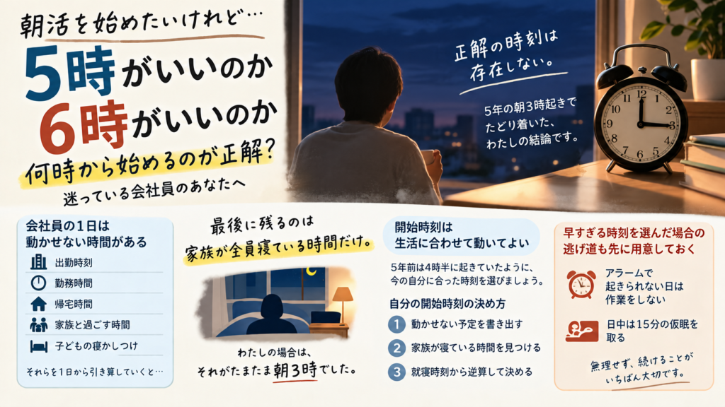 朝活は何時から始めるべきかを、動かせない予定を1日から引き算して残った時間で決めるという考え方を表した図解