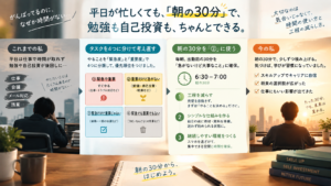 平日の朝、会社員が勉強時間を確保するために手帳とノートを開いているデスクの様子