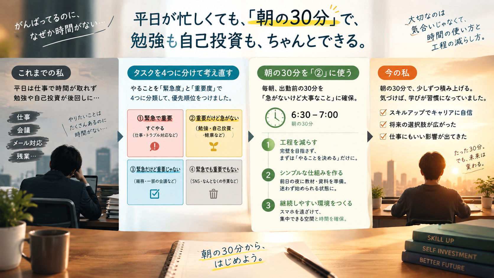 平日の朝、会社員が勉強時間を確保するために手帳とノートを開いているデスクの様子