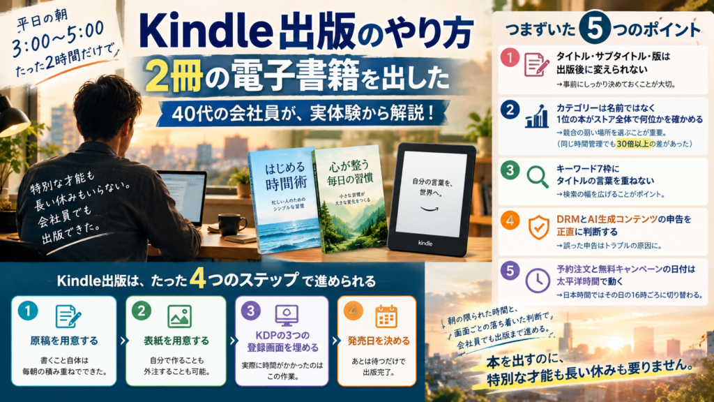 会社員が朝の時間で原稿と表紙を用意しKDPに登録してKindle本を出版するまでの手順と、登録でつまずきやすいポイントを示した図解