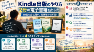 会社員が朝の時間で原稿と表紙を用意しKDPに登録してKindle本を出版するまでの手順と、登録でつまずきやすいポイントを示した図解