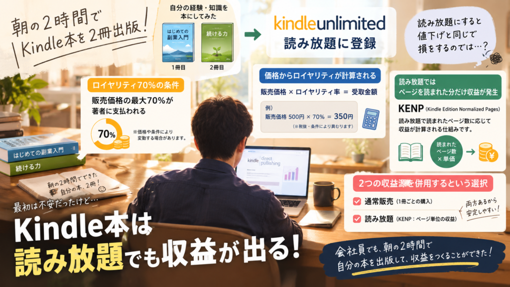 Kindle Unlimitedに登録した個人出版の本の価格からロイヤリティが計算される仕組みと、KENP読了ページの収益を示した図解