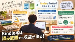Kindle Unlimitedに登録した個人出版の本の価格からロイヤリティが計算される仕組みと、KENP読了ページの収益を示した図解