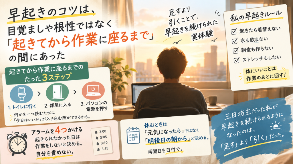 早起きのコツとして、起きてから作業を始めるまでの工程を「トイレ・部屋に入る・電源を押す」の3つに減らし、着替えや水・朝食を後回しにする流れを示した図解