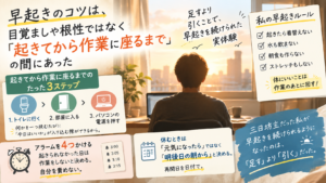早起きのコツとして、起きてから作業を始めるまでの工程を「トイレ・部屋に入る・電源を押す」の3つに減らし、着替えや水・朝食を後回しにする流れを示した図解