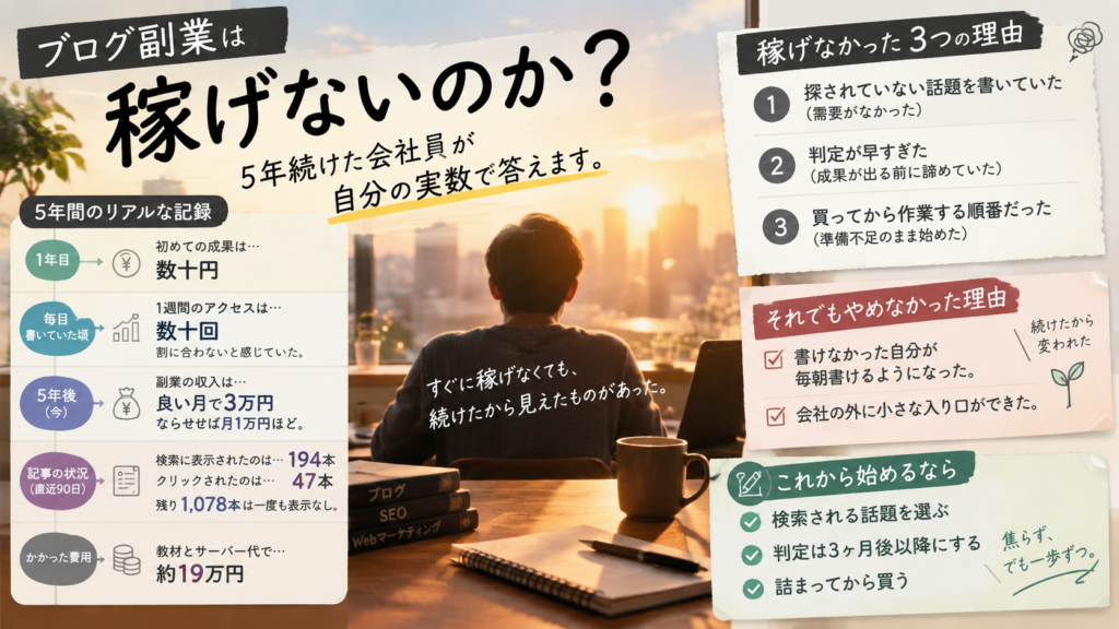 ブログ副業が稼げないと感じる理由を、5年続けた会社員の実数（収入は月1万円ほど、1,272本中1,078本が検索に未表示、教材とサーバーに約19万円）で示した図解