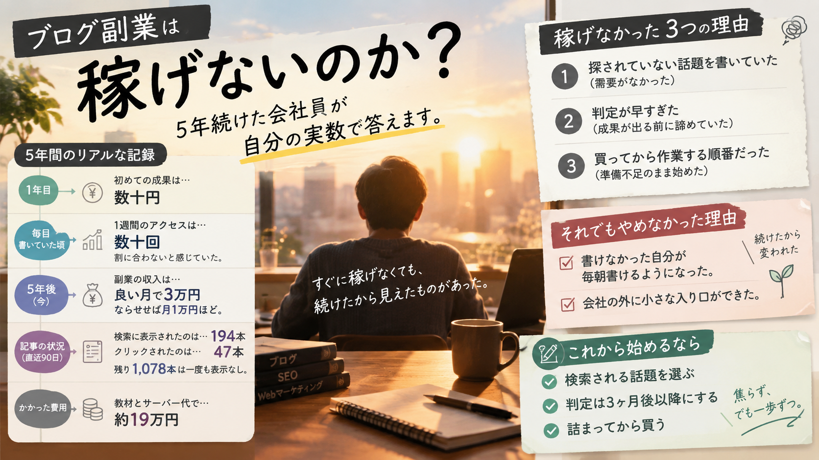 ブログ副業が稼げないと感じる理由を、5年続けた会社員の実数(収入は月1万円ほど、1,272本中1,078本が検索に未表示、教材とサーバーに約19万円)で示した図解