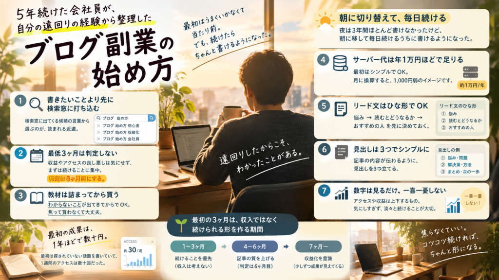 ブログ副業の始め方を、5年続けた会社員が遠回りの経験から、最初の3ヶ月でやること・やらないこととして整理した図解